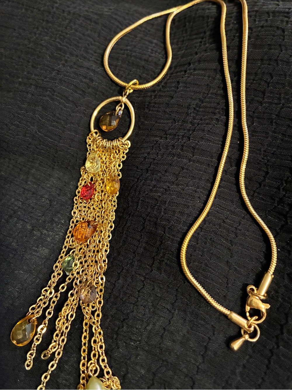 Vintage Gold Chains and Multi Color Crystals Necklace